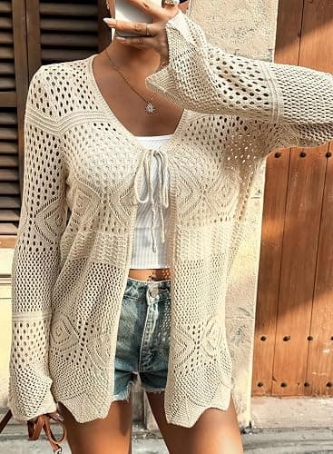 SHEWIN Crochet Cardigans for Women Long Sleeve Tie Front Bow Cardigan Sweaters Hollow Out Knit Summer Beach Vacation Coverups thumbnail 2