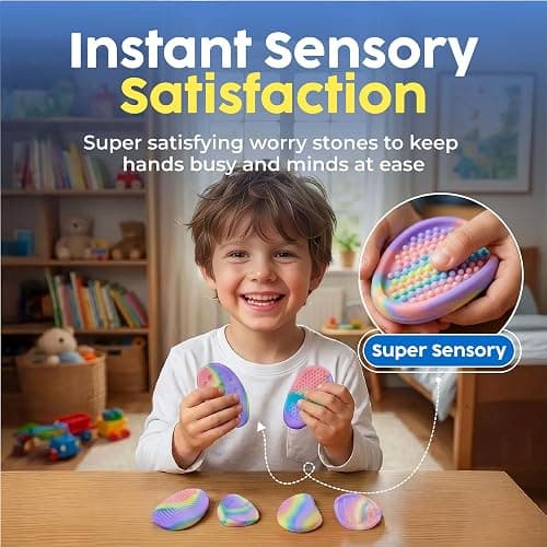 BUNMO Fidget Toys - Fidget Stones Sensory Toys – 6pk Pastel | Silicone Worry Stones for Kids Ages 3+ | Portable, Textured, Quiet Sensory Stones for Hands-On Play thumbnail 4