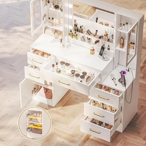Makeup Vanity Desk with Mirror and Lights, Makeup Vanity Table with Lighted Mirror, Nightstand Dressing Table with Mirror and Lights, 51" Big Vanity with 6 Drawers & Lots Storage Space for All Girls thumbnail 2