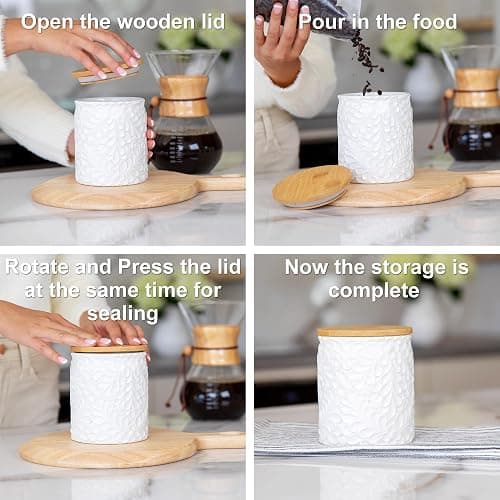 Small Engraved Ceramic Kitchen Canister - Storage Jars with Airtight Lids Made from Bamboo with Nature-Inspired Engraving - Use as a Pasta Holder, Coffee Ground Holder, Rice Container - 30 Ounces thumbnail 5