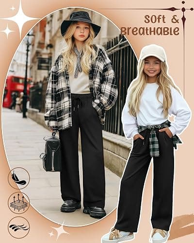 LessonZoo 3 Pack Girls' Sweatpants Wide Leg Drawstring Casual Kids Joggers Open Bottom Loose Solid Teen Pants with Pockets thumbnail 5