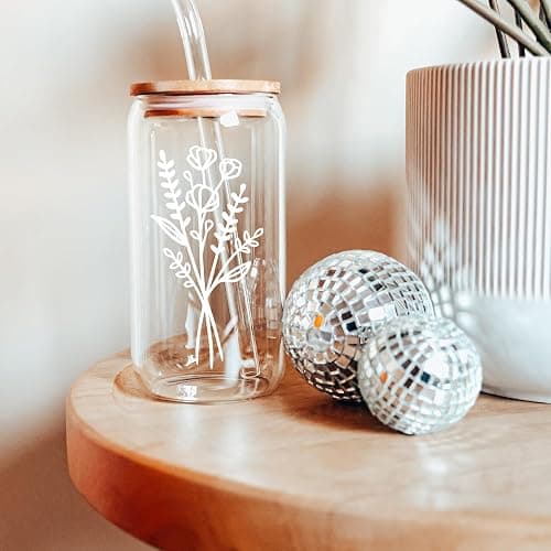 Cute Glass Cups with Lids and Straws, Aesthetic Iced Coffee Cup, Flower Mugs, Personalized Tumbler with Straw, Birthday Gifts for Women Friend Sister Her Coffee Lover Bridesmaid Stuff Christmas thumbnail 5