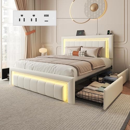 Full Bed Frame with Charging Station, Storage Drawers, Upholstered White | Platform Bed with LED Lights, PU Leather, Adjustable Headboard, Heavy Duty Metal Slats, No Box Spring Needed, Noise-Free - Image 1