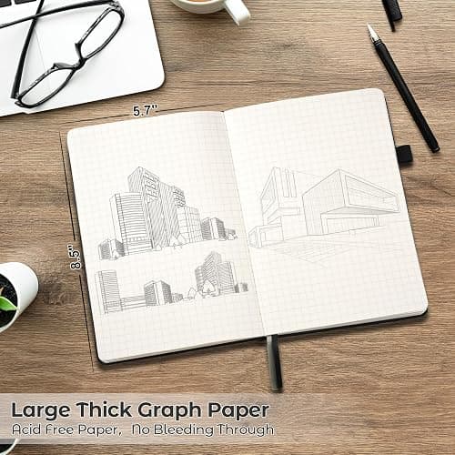 Graph Paper Notebook, Hardcover Notebook, Grid Notebook Journal for Women, Men, Large Leather Journals for Writing, Thick Paper, A5 Notebooks for Work, School Supplies, Engineering, 5.7"x8.5", Black thumbnail 2