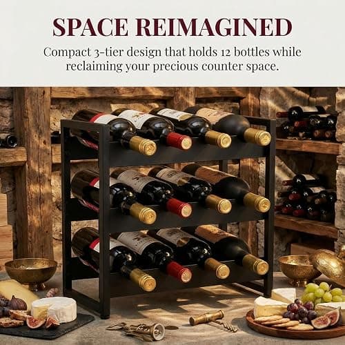 AVLA 12 Bottles Wine Rack Countertop, Freestanding 3-Tier Wine Holder, Liquor Display Storage Organizer Stand, Free Standing Floor Wine Cabinet Shelf for Kitchen Wine Cellar Tabletop Bar Dining Room thumbnail 7