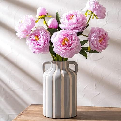 Ceramic Grey and White Checkered Stripes Vase with Handles, Hand-Painted Modern Minimalist Bohemian Floral Vases Home Decor, Cottage Core Decor, Flower Vase for Bouquet Mantle Kitchen Bookshelf 9.1 In - Image 1