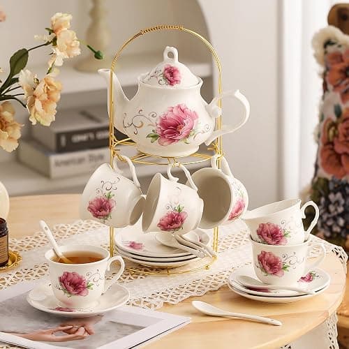 20-Pieces Tea Set For Adult with Golden Metal Rack,Porcelain Tea Sets For Women,Tea Gift Sets for Home&Party(015) thumbnail 7