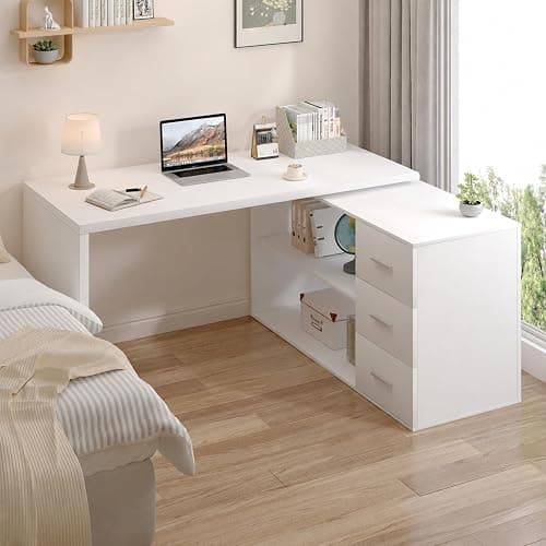 HSH White L Shaped Computer Corner Desk with 3 Storage Drawers 55 inch | Reversible Home Office Corner Desk with 2 Open Side Shelves Modern Wood Executive L Desks for Bedroom,Study Workstation thumbnail 5