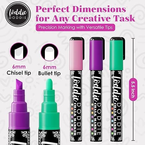 Loddie Doddie Chalk Markers - Pack of 16, 6mm Bullet & Chisel Tips Chalk Pens - Dust-Free Erasable Ink & Dry Erase Markers - Vibrant Pastel & Neon Colors - Pastel Art Pens - Fine & Bold Lines thumbnail 5