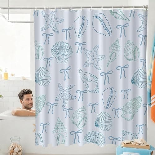 Hillsuren Beachy Shower Curtain Ocean Coastal Nautical Shower Curtain Coquette Blue Bows Starfish Seashell Bath Curtains Waterproof Modern Summer Bathroom Bathtub Decor with 12 Hooks, 72 x 72 Inch thumbnail 4
