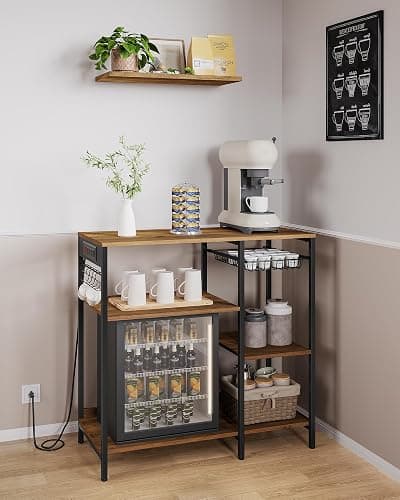 VASAGLE Baker's Rack, Coffee Bar Stand with Charging Station, 35.6 Inches Tall, Storage Shelves, Pull-Out Wire Basket, Table for Microwave, Kitchen, Honey Brown and Ink Black UKKS036K41 thumbnail 4