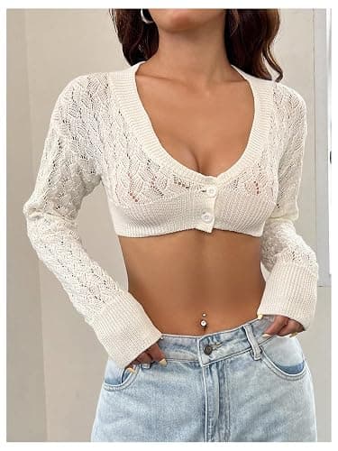 GORGLITTER Women's Crop Crochet Cardigan Button Down Long Sleeve Shrug Sweater thumbnail 4