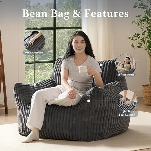 Giant Plush Bean Bag Chair for Adults with Armrests - Oversized Comfy Grey Beanbag Lounge Lazy Floor Sofa Accent Chair for Living Room, Bedroom & Dorm, Cozy Fluffy Single Cloud Mini Couch thumbnail 4