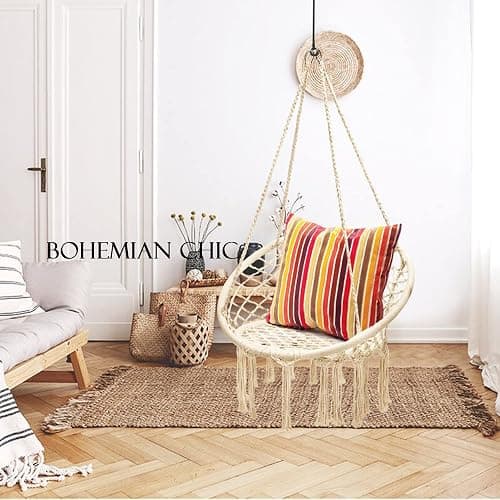 Hanging Chair for Bedroom Hammock Chair Swing with Lights and Hardware Kits Holds Up to 550Lbs Macrame Swing Chair Hanging Cotton Rope Swing Chair for Bedroom, Patio, Deck, Garden and Porch-KASHAN thumbnail 7