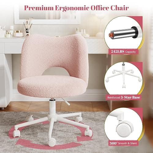 DurayLoly Vanity Chair with Wheels Pink,Cute Vanity Chair with Back,Ultra-Plush Fleece Cute Desk Chair, Small Office Chair Height Adjustable,for Make-up Room,Bedroom thumbnail 8