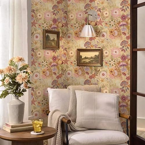 Ismoon Vintage Floral Peel and Stick Wallpaper Deep Beige Pink Contact Paper Jellyfish Starfish Stick on Wall Paper Removable Self Adhesive Vinyl Wallpaper for Bedroom Wall Cabinet Decor 17.3x78.7in thumbnail 5