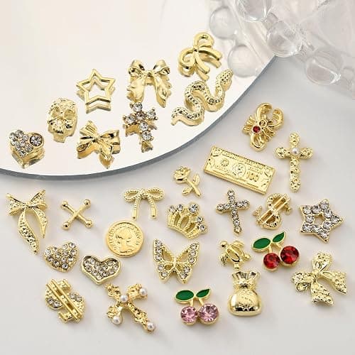 OPMADM 100Pcs Gold Nail Charms and Gems Charms for Nails Design Gold Charms for Nails Metal Bow Cherry Butterfly Cross Heart Star and Flowers thumbnail 2