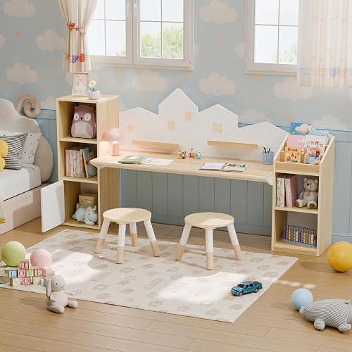 Xilingol Kids Desk with Bookshelves and 2 Stools, Wooden Kids Desk and Chair Set with 5 Storage Cabinets, Children Writing Drawing Table, Student Kid Study Table for Ages 3-8, Boys, Girls, House Shape thumbnail 8