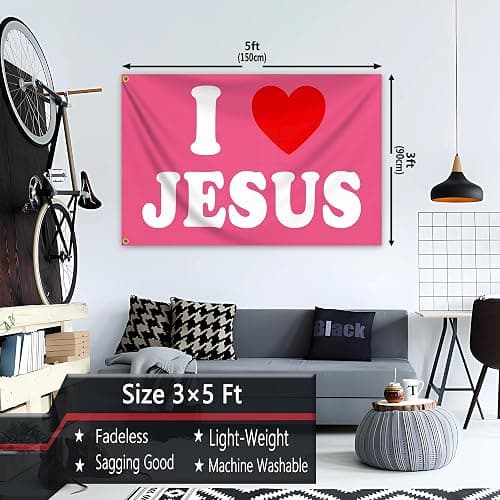 KNAPAL I Love Jesus Flag Pink 3x5 Ft Christian Jesus American Flag Durable Polyester I Heart Jesus Flags for House Yard Indoor College Dorm Room Bedroom Wall Jesus Loves You Outdoor Flag Banner Decor thumbnail 3