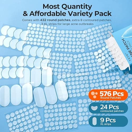 TKTK 609 Count Pimple Patches for Face, Hydrocolloid Acne Cover Patch Bulk | Pimple Stickers for Cheeks, Forehead, Chin Blemishes Zit & Breakouts, All Skin Types, Dots, Strips, Contoured 5 Sizes Variety thumbnail 2