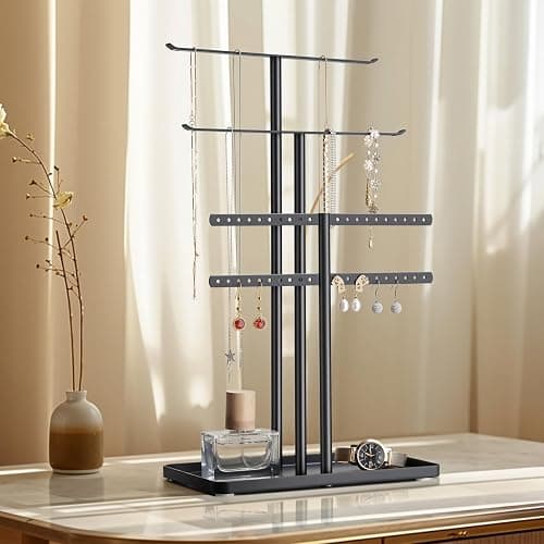 Jewelry Stand Organizer, 14.5" Tall Sturdy Metal, 3-Tier Jewelry Holder for Necklace, Earring, Bracelet, Ring, Hanger for Display and Storage, Aesthetic Room Decor, Black thumbnail 7