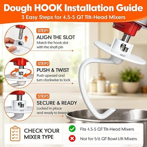 K45DH Coated C Dough Hook for KitchenAid 4.5-5Qt Tilt-Head Stand Mixers | Fits K45 K45SS KSM90 KSM150, Dishwasher Safe C-Shaped Bread Hook for Kneading Bread, Pizza and Yeast Dough thumbnail 5