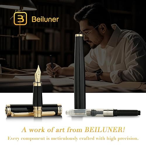 BEILUNER Black Fountain Pen,Stunning Luxury Pens with 24K Gold Accents, Gorgeous 24K Gilded Nib(Extra Fine), Fancy Pen Gift for Men&Women -Ink Converter-Elegant, Reliable,Christmas Presents, Nice Pen thumbnail 7