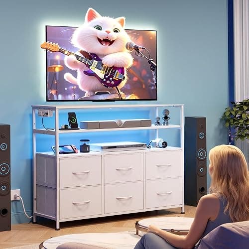 WLIVE White TV Stand for 40, 45 inch TV, Entertainment Center with LED Lights & Charging Station, TV Media Console Table with 6 Fabric Drawers and Open Shelves for Living Room, Hallway, Wood Top thumbnail 2