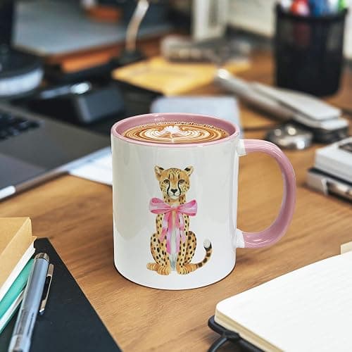 Foyoulame Pink Bow Decor Leopard Coffee Mugs - Leopard Mug, Preppy Coquette Cheetah Coffee Teacup, Trendy Girly Gifts for Women Girls, Pink Preppy Coquette Bow Cheetah Ceramic CoffeeMug 11oz thumbnail 6