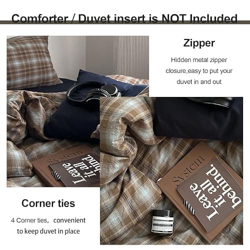 EAVD Vintage Buffalo Plaid Duvet Cover King 100% Washed Cotton Brown&Blue | 3-Piece Aesthetic Bedding Set, Reversible Gingham Pattern, 1 Duvet Cover with 2 Pillowcases, Retro Farmhouse, Zipper Closure thumbnail 5
