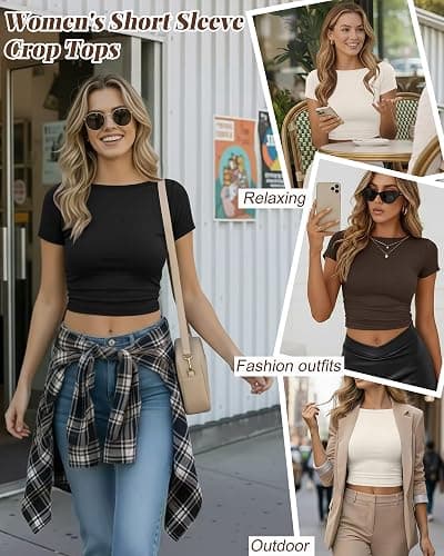 Riyiper 3 Pcs Women's Short Sleeve Crop Tops, Boat Neck Slim Fitted Cropped Shirts Workout Basic Tops thumbnail 6