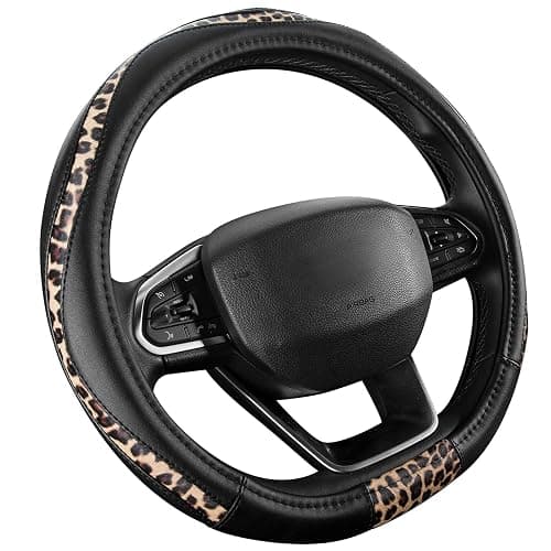 Road Comforts Steering Wheel Cover - Flat Bottom Wheel Cover Made with PVC Leather and Leopard Fabric - Universal Fit for 15-Inch D-Shaped Automotive Steering Wheels (Black Color) thumbnail 2