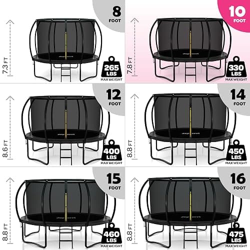 JoyBerri Trampoline Outdoor - ASTM Certified Safe, 8Ft, 10Ft, 12Ft, 14Ft, 15Ft, 16Ft Recreational Trampoline for Kids and Adults. Anti-Rust Coating with Enclosure Net, Ladder, Sprinkler & LED Lights thumbnail 4