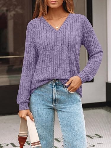 AUTOMET Womens V Neck Long Sleeve Shirts Fall Tops 2026 Lightweight Sweater | Dressy Casual Blouse, Fashion Clothing, Cute Winter Outfits, Business Work, Cozy Knit Pullover, Trendy Boho thumbnail 2