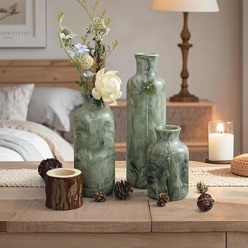 YMXYJM Resin 3 Piece Vase Set, Farmhouse Decor, Home Decorative Vase, Vases for Your Kitchen, Bedroom, Office, Living Room, Bathroom, & Shelf Centerpiece Table Decorations, Green thumbnail 2