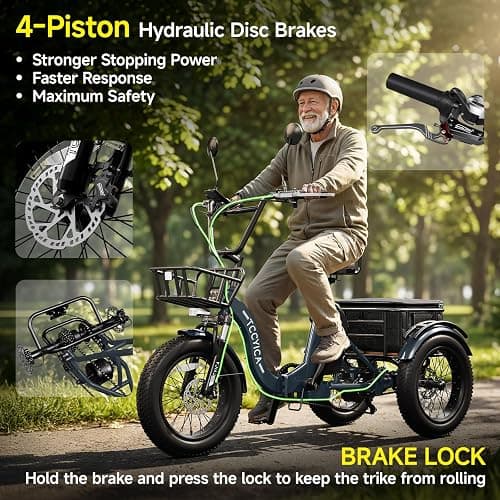 tccyica Electric Tricycle for Adults, Fat Tire 3 Wheel Electric Trike Ebike, 750W Motor Peak 1350W, 52V 32Ah Removable Battery, 50 Miles Range, 7 Speed, 4-Piston Hydraulic Brakes, Cargo Rack thumbnail 4