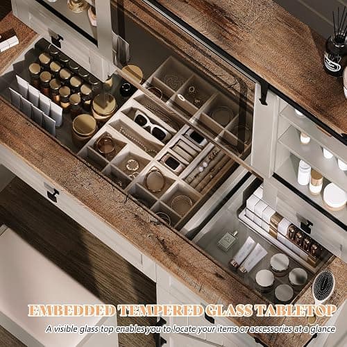 AMERLIFE 42'' Farmhouse Makeup Vanity Desk with Sliding Mirror and Lights, Glass Tabletop Vanity Table with 2 Drawers & Shelves for Bedroom(NO Bench), Antique White thumbnail 3