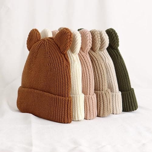 Hadetoto Cotton Baby Beanie Winter Knitted Hat, 2 Pack | Bear Ear Design, Infant Toddler Boys Girls, Soft Warm, Skull Cap thumbnail 4