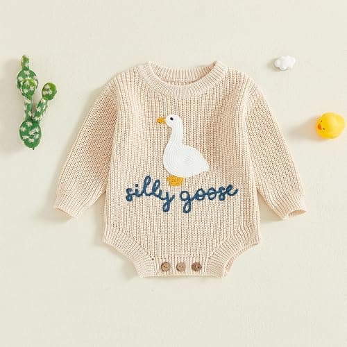 Ysfanwuxi Newborn Baby Boy Girl Sweater Romper Silly Goose Embroidery Knit Onesie Knitted Bodysuit Warm Fall Winter Clothes thumbnail 4