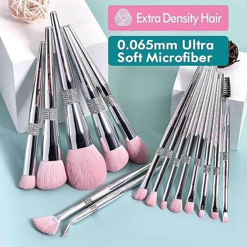 Bueart Design Elegant pink Ultra soft labeled Makeup Brushes Sets with Brush Holder makeup brush set with Foundation Powder blush blending contour Brush (15Pcs Silver Pink+Holder) thumbnail 3