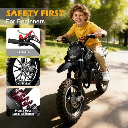 50cc Kids Dirt Bike, 2-Stroke Gas Powered Mini Motorcycle Up to 40MPH, Off-Road Dirt Bike for Kids 8-14 with Front Rear Disc Brakes, Double Shock Absorption (Black) thumbnail 3
