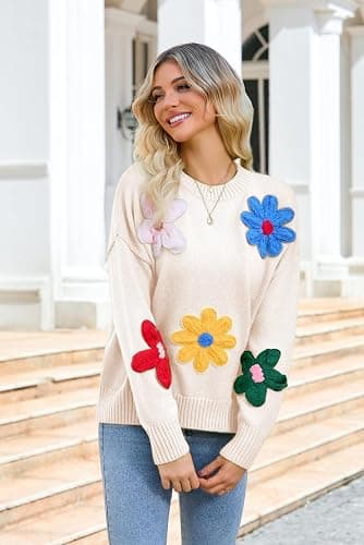 Aedceal Women Floral Sweater Long Sleeve Round Neck Casual Lounge Colorful Flower Knit Pullover Top thumbnail 4