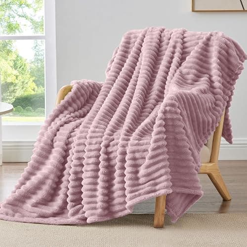BEDELITE Fleece Throw Blanket for Couch - 300GSM Soft & Warm Fluffy Berry Purple Blanket, Decorative and Giftable Striped Blankets for Women, Men, 50"x60" - Image 1