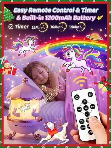 Carousel Night Light for Kids, 15 Music+15 Films+315 Colors Star Projector for Kids Night Light Projector,360°+Remote+1200mah Star Lights for Ceiling,Unicorn Toys for Girls Room Decor Christmas Gifts thumbnail 8