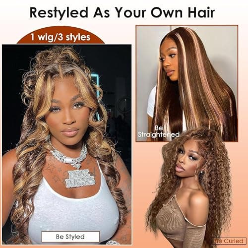 Hepnok 30 Inch Highlight Ombre Lace Front Wig Human Hair Honey Blonde Body Wave 13x6 HD Lace Front Wigs Human Hair Pre Plucked 200 Density Brown 4/27 Colored Lace Frontal Glueless Wigs for Women thumbnail 3