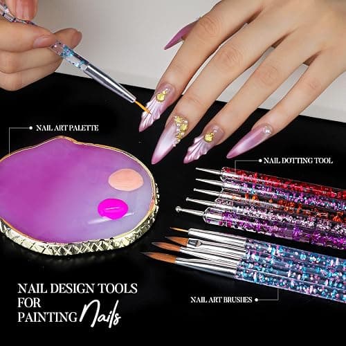 Teenitor Nail Charms and Nail Art Kit, 5 Boxes of Nail Charms and Nail Gems, 15 Pcs Nail Stickers, 20 Pcs Nail Art Brushes, 5 Pcs Nail Dotting Tools, Nail Art Palette, Nail Stand, Nail Adhesive Putty thumbnail 6
