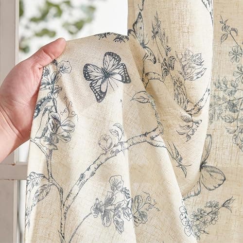 Lazzzy Blue Floral Curtains 84 Inch Length Linen Farmhouse Curtain Back Tab Drapes for Living Room Bedroom Light Filtering Vintage Rod Pocket Curtains, 2 Panels, Blue on Beige thumbnail 6