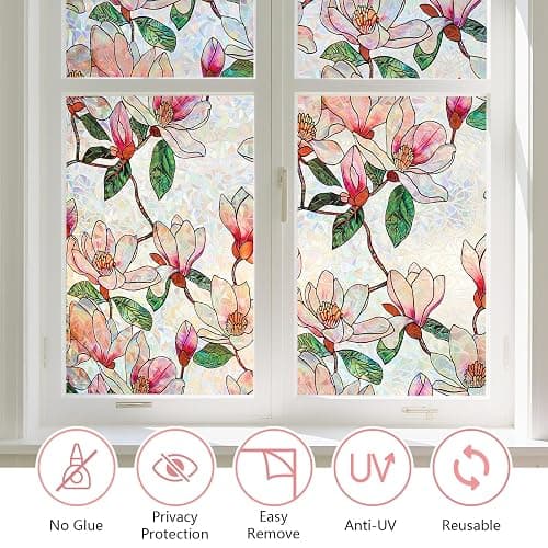 Kromapolis Window Privacy Film, Stained Glass Sticker, 23.6" x 78.7" | Removable Floral Window Clings, Decorative Static Clings, UV Blocking Colorful Decals, Rainbow Magnolia Flowers thumbnail 5