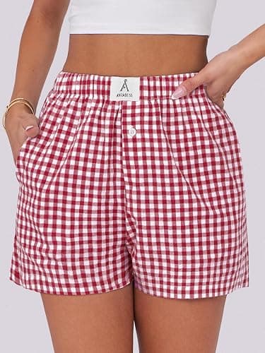 ANRABESS Boxer Shorts for Women Gingham Pajama 2025 Summer Casual Lounge Sleep Plaid Shorts Y2K Beach Bottoms - Red White Plaid - Large thumbnail 5