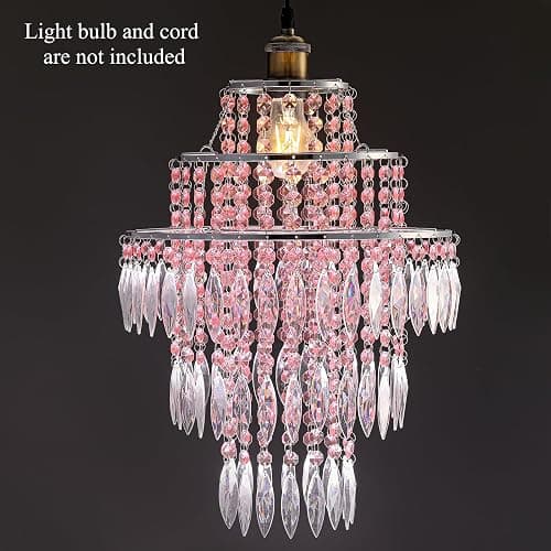 SEEYUAN 3 Tiers Acrylic Chandeliers lamp Shade, Pink Acrylic Beaded Chandelier,Pendant Ceiling Light Shade for Wedding Bedroom Hallway Bathroom - Diameter 13.7''*H17.7'' thumbnail 4